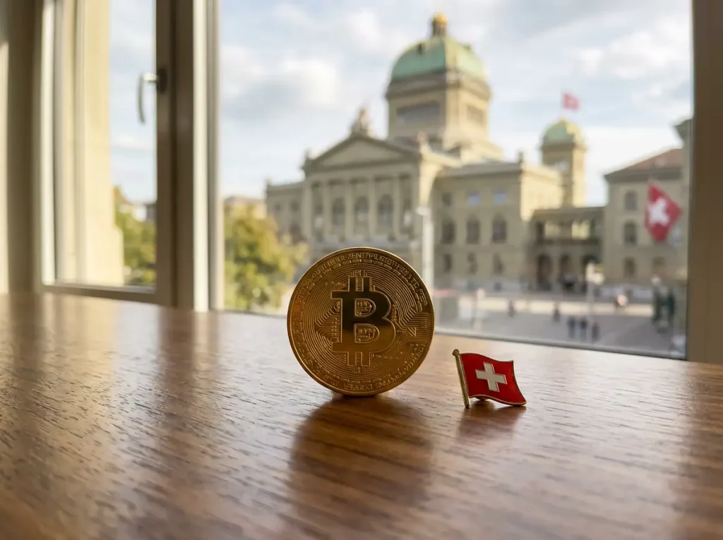 Schweizer Flagge neben Bitcoin-Münze vor dem Bundeshaus in Bern - Rechtslage Bitcoin Sportwetten Schweiz