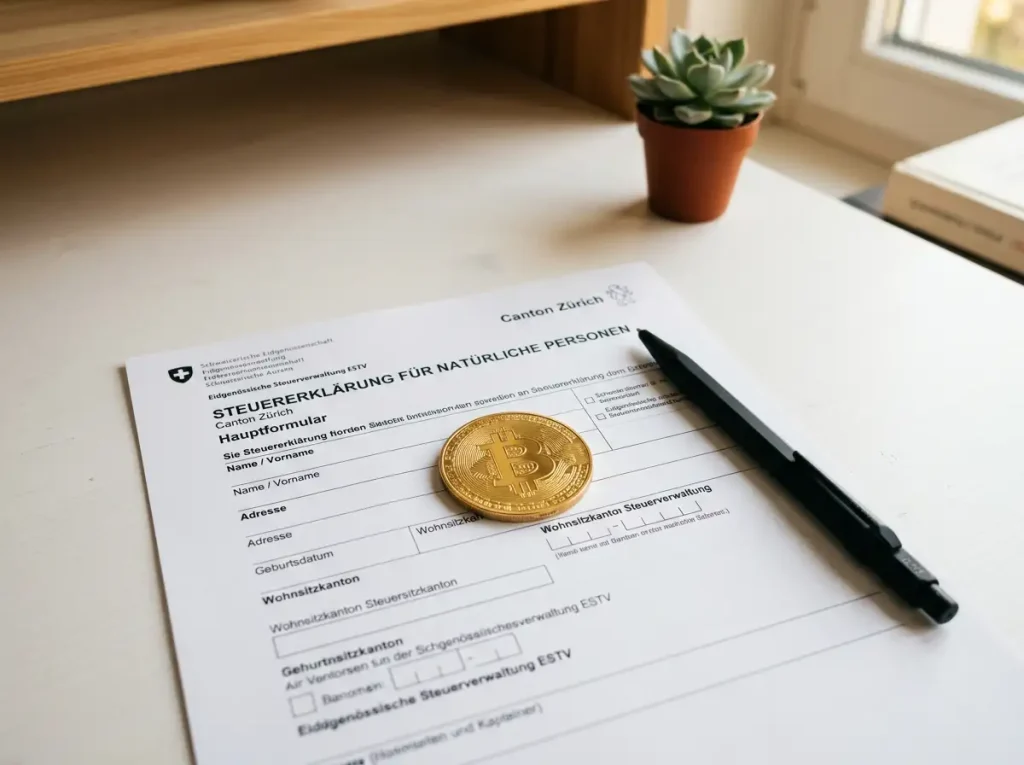 Schweizer Steuerformular neben Bitcoin-Münze - Steuern auf Bitcoin-Wettgewinne