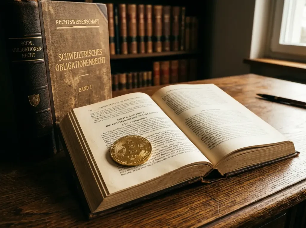 Gesetzbuch mit Bitcoin-Symbol und Schweizer Kreuz - Legalität von Krypto-Sportwetten